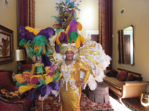 Patricia Richardson, train seamstress, ready for Mardi Gras dressed in her creations.