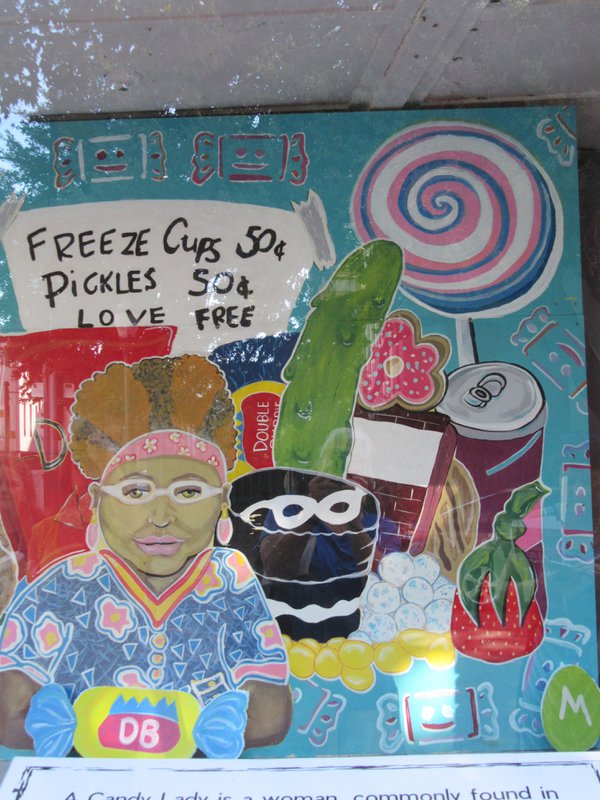 A painting of the Candy Lady, by teenagers in detention.